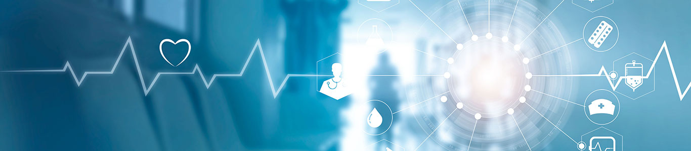 Blue background with cardiac waveline and health care related icons.