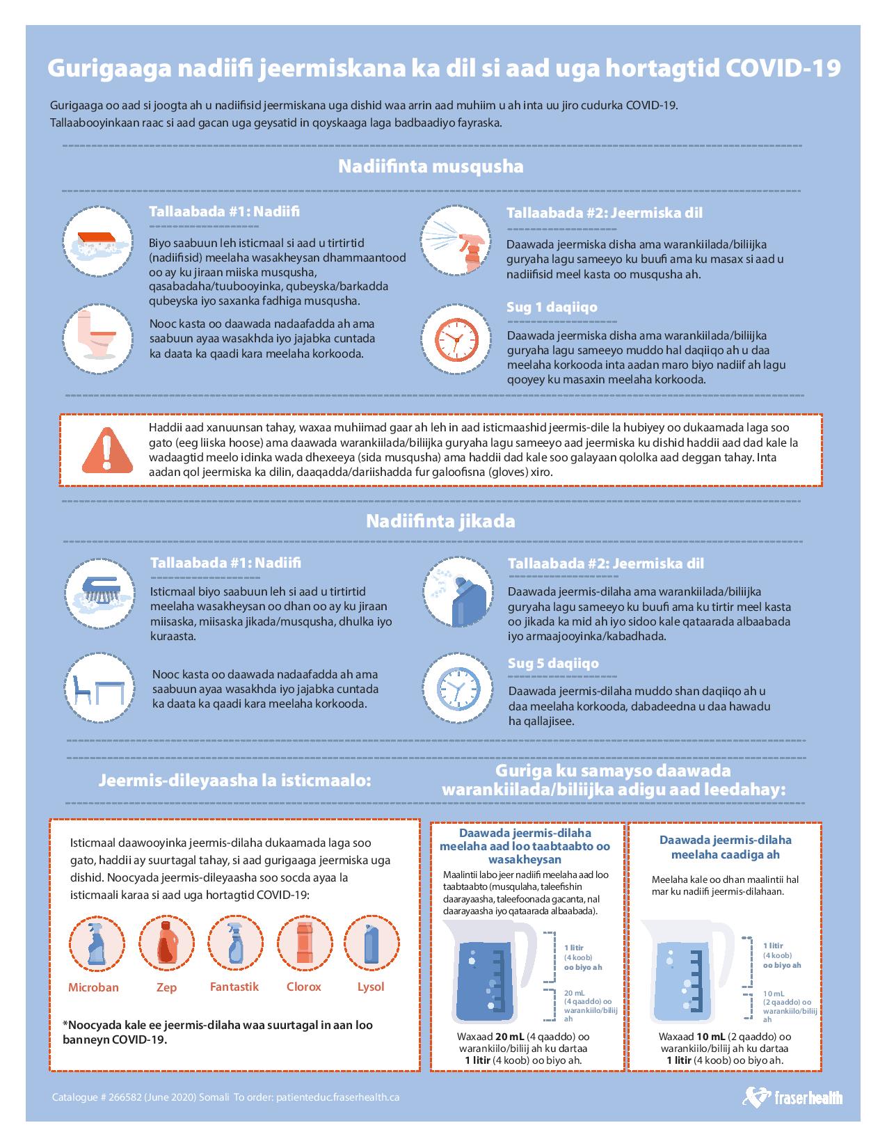 infographic on how to clean and disinfect your home to prevent COVID-19 in Somali