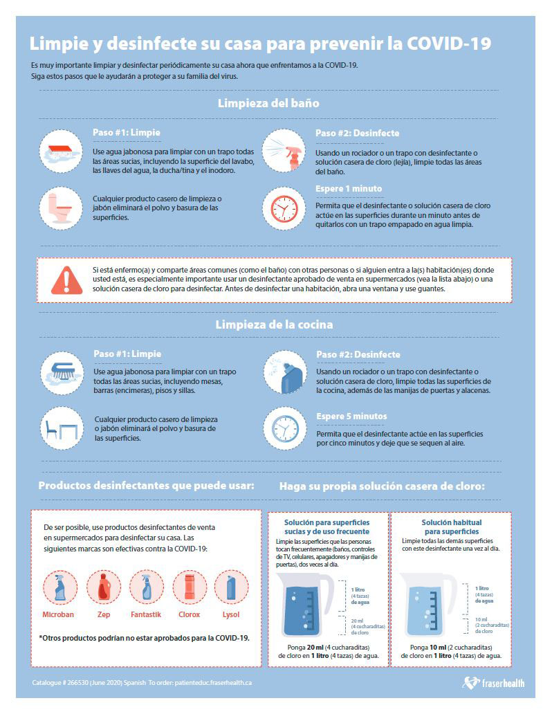 Clean and disinfect your home to prevent the spread of COVID-19 infographic in Spanish