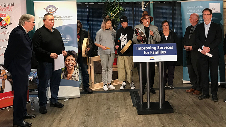 Drumming at the opening of the Indigenous Wellness Home in Surrey, B.C.