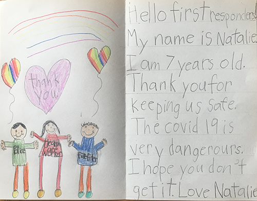 Child's thank you letter and drawing to first responders