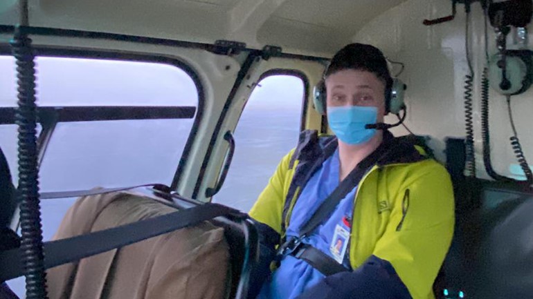 Dr. Ballard travelling on one of several flights to Chilliwack General Hospital due to recent flooding in the Fraser Valley.