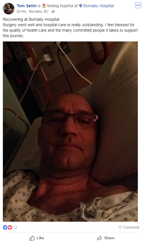 Screenshot of Tom Sellin's facebook post