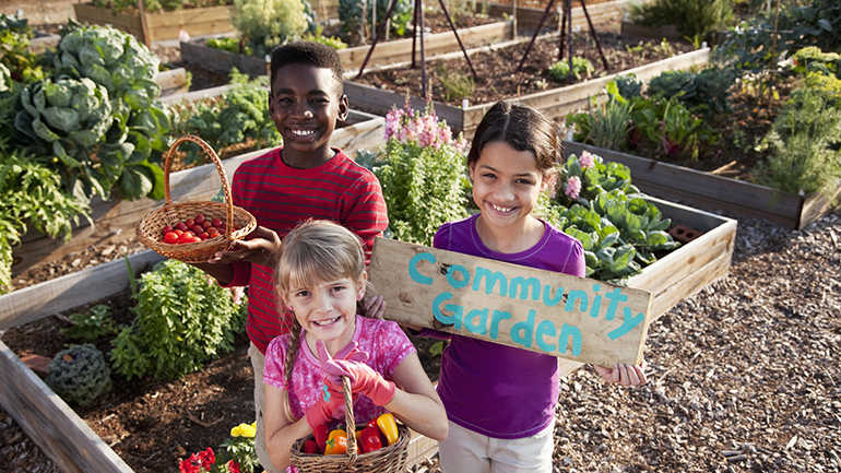 Kids holding a basket of vegetable in a community garden