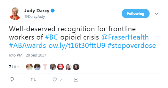 Screenshot of Judy Darcy's post on Twitter