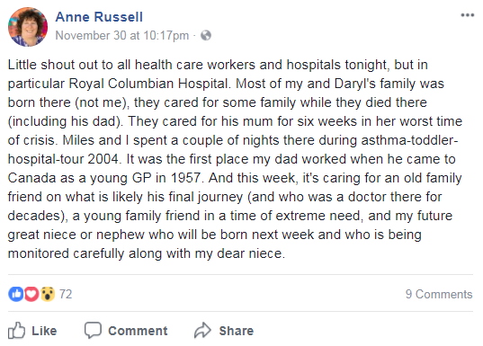 Screenshot of Anne Russell's post on Facebook