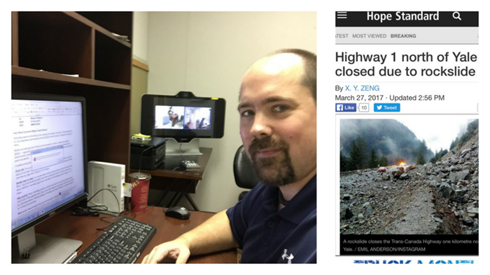 Man sitting in front of a computer and a screenshot of a news article on the right