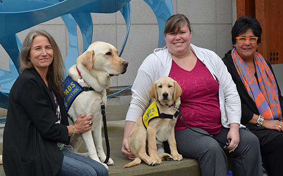 Women looking at the camera with their dogs
