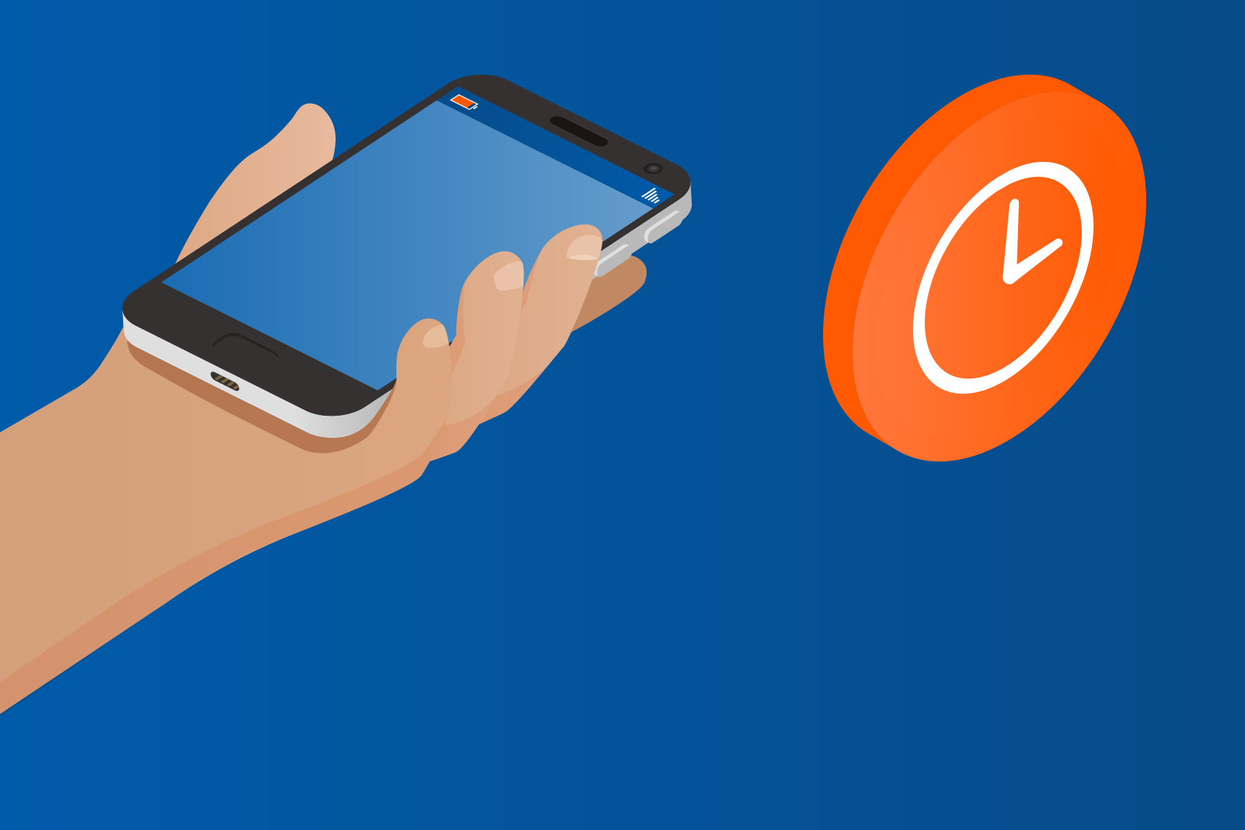 Hand holding phone in proximity to a clock.