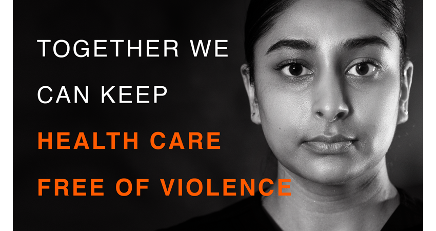 text reads together we can keep health care free of violence, with a black and white face of a women