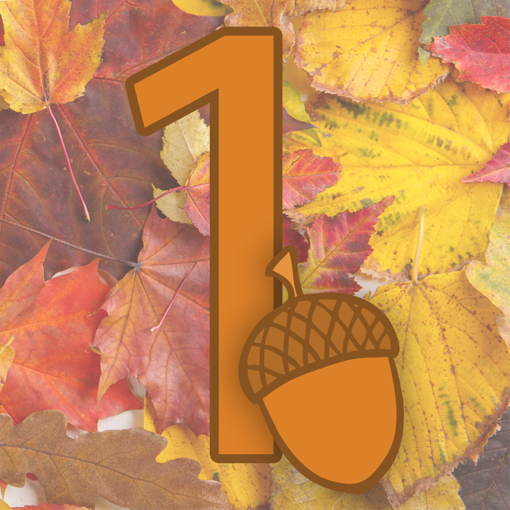 Number with one acorn at the bottom and leaves in the background