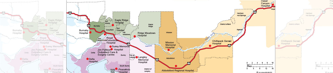 Map of the Fraser Health municipal boundaries.