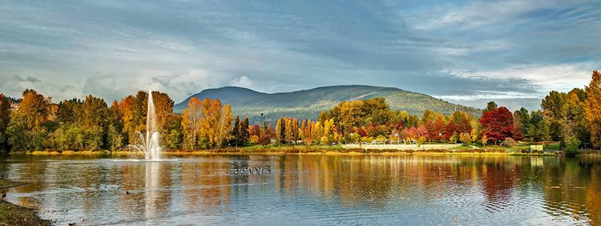 Coquitlam LaFarge Lake in fall with fall foliage