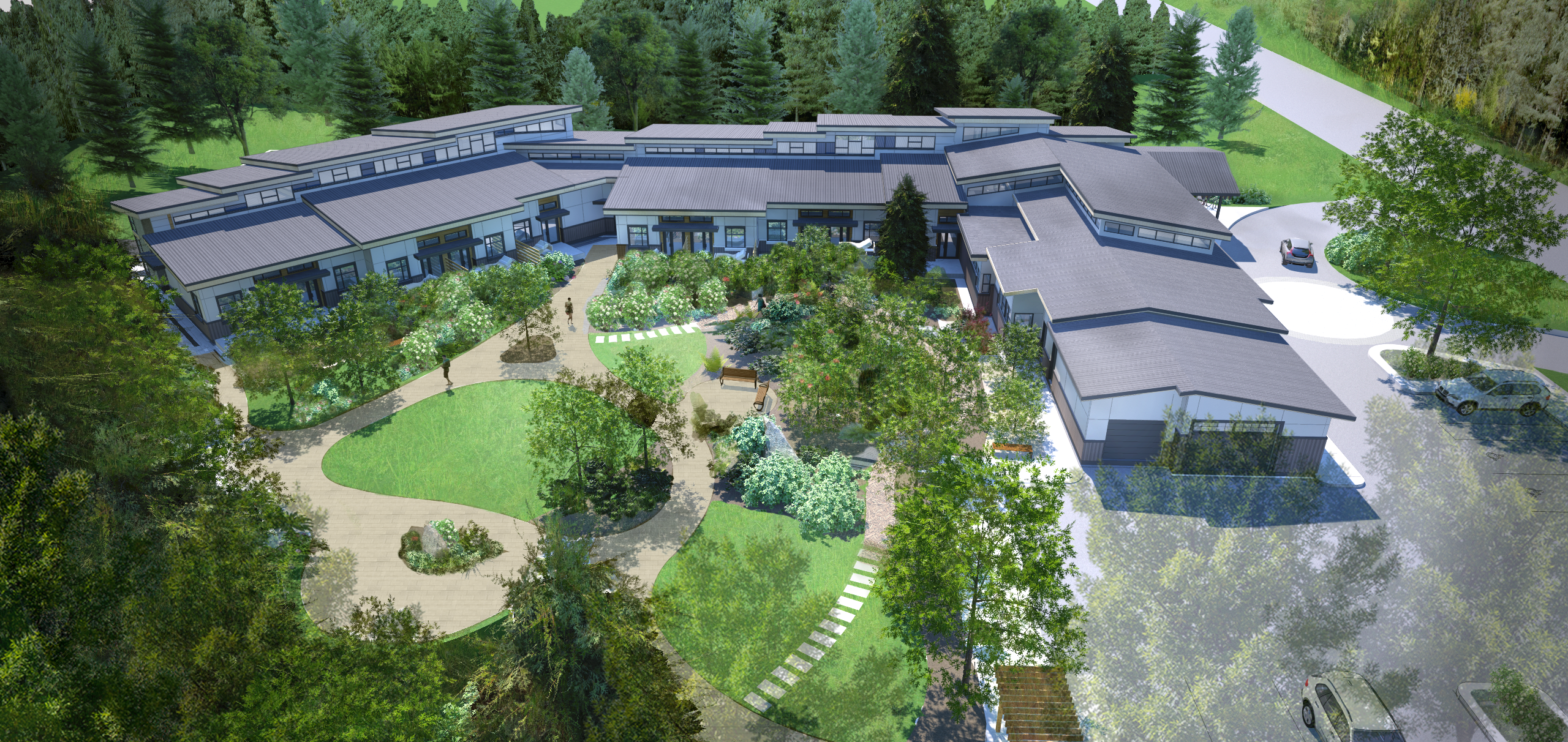 aerial view rendering of Langley Hospice courtyard