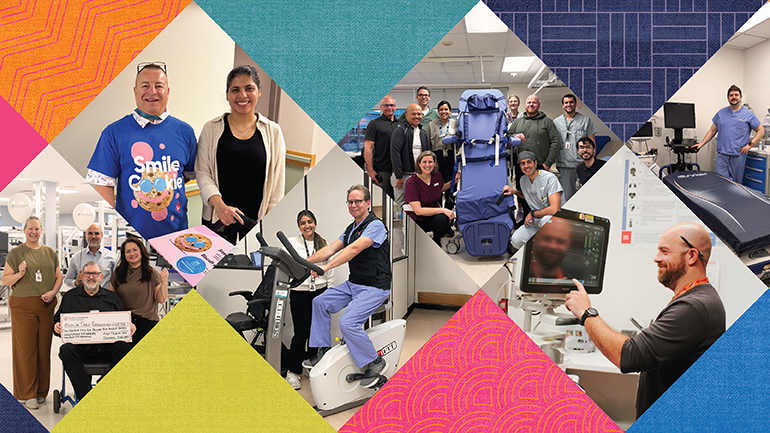 Health care photo collage of grateful patients and care teams, formatted like a patchwork quilt in diamond shapes