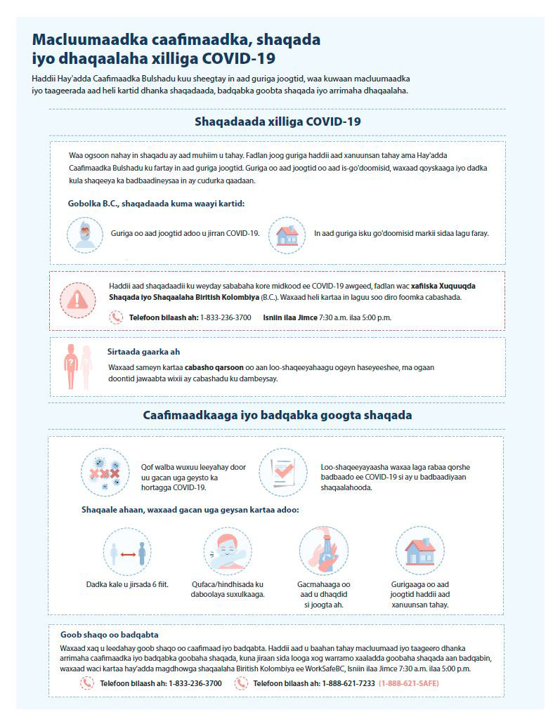 Health, employment and finical information infographic in Somali