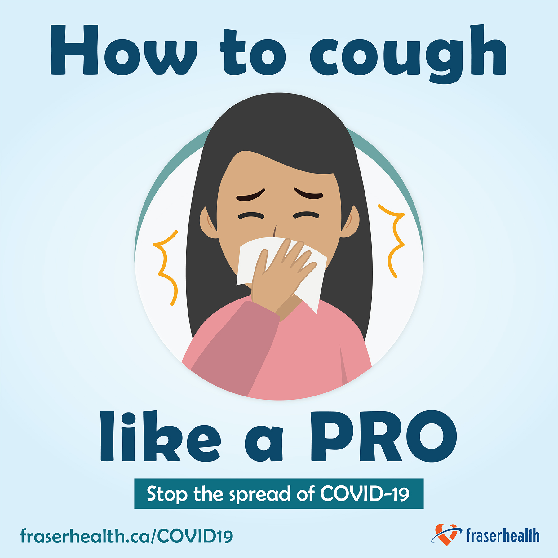 How to cough like a pro graphic with female character for COVID-19
