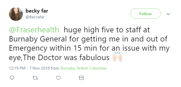 Twitter high five for Burnaby Hospital, November 2018