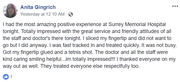 Facebook high five for Surrey memorial Hospital, November 2018