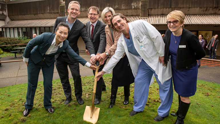 Dr. Victoria Lee, Rick Glumac, MLA, Minister Adrian Dix, Dr. Mike Monstrenko, and representatives from Eagle Ridge Hospital Foundation on funding for the expansion of the Eagle Ridge Hospital emergency department.