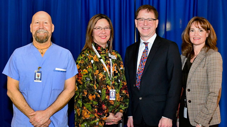 Bryan Gay, care aide at Menno Place, Karen Ballie, CEO of Menno Place, Adrian Dix, Minister of Health and Laurie Leith, Fraser Health vice president. Bryan Gay, care aide at Menno Place, Karen Ballie, CEO of Menno Place, Adrian Dix, Minister of Health and Laurie Leith, Fraser Health vice president.