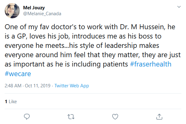 Screen shot of a Twitter post praising Dr. Hussein.