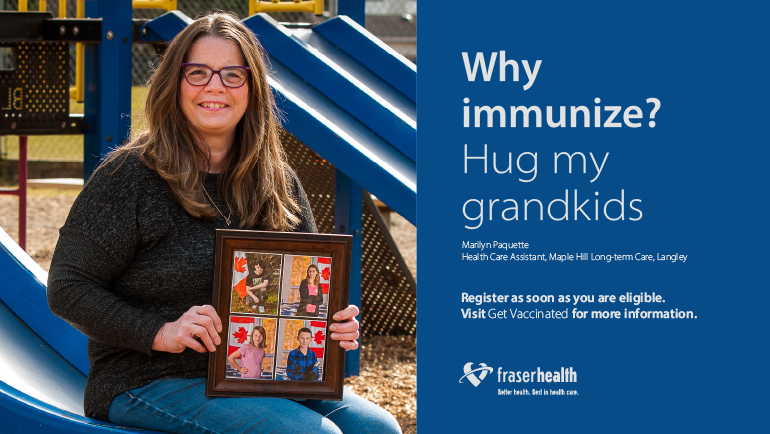 Woman sitting on slide holding picture frame with caption "Why immunize? Hug my grandkids"