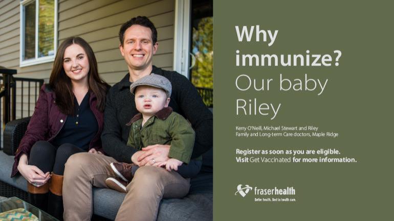 Husband and wife holding son with caption "Why immunize? Our baby Riley"