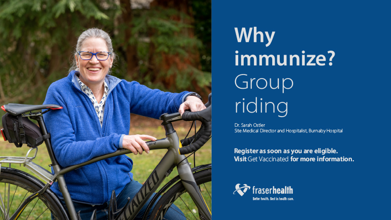 Woman with bike and caption "Why immunize? Group riding?"