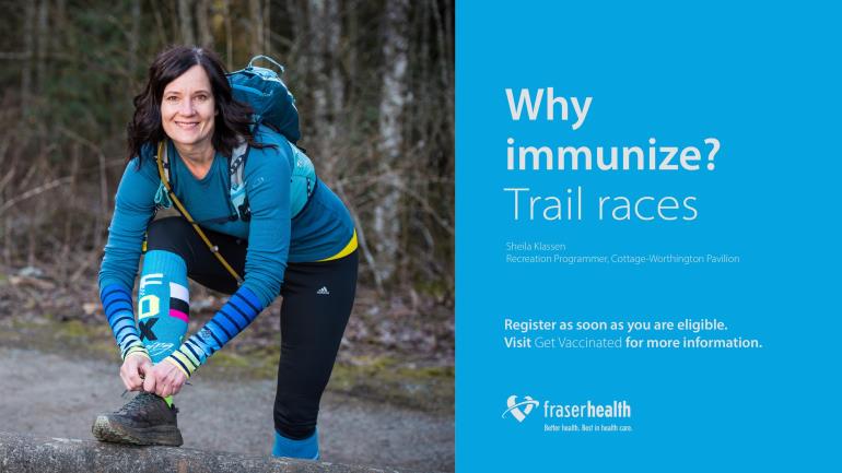 Woman tying shoes, caption stating "Why immunize? Trail races"