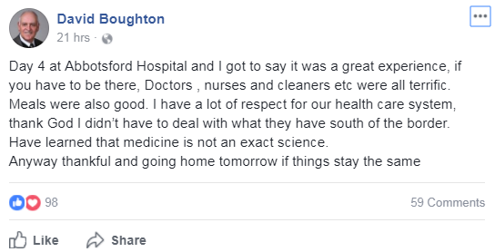 Screenshot of David Boughton's post on Facebook