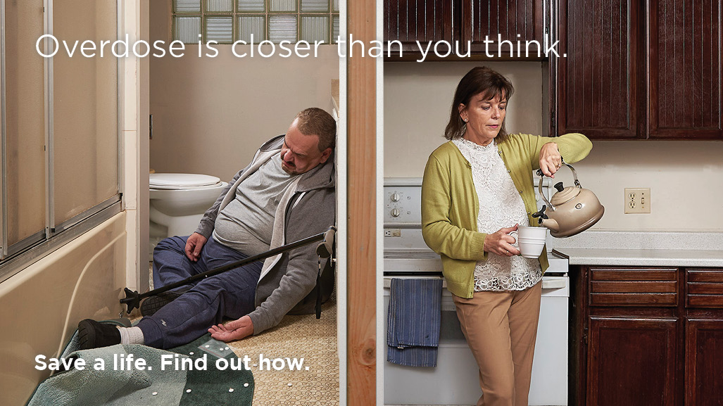 Man passed out by the bathroom and woman pouring hot drink on her mug