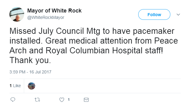 Screenshot of Mayor of White Rock's post no Twitter
