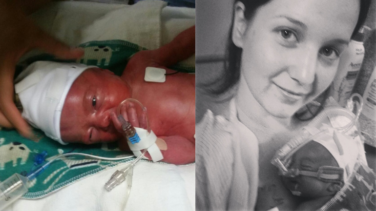 Image of a baby in hospital on the left and image of the baby and the mother on the right