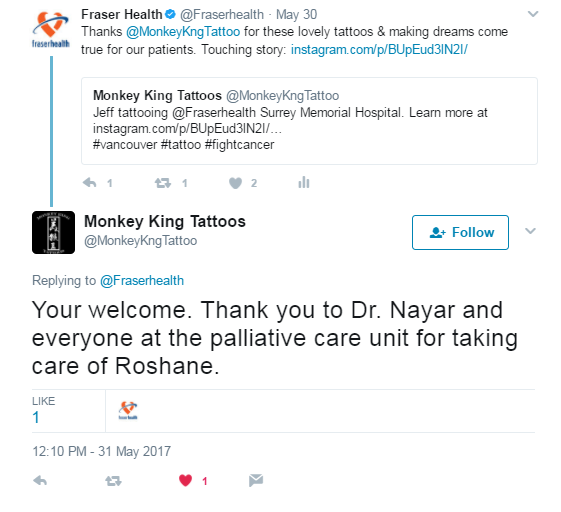 Screenshot of Monkey King Tattoos' reply to Fraser Health on Twitter
