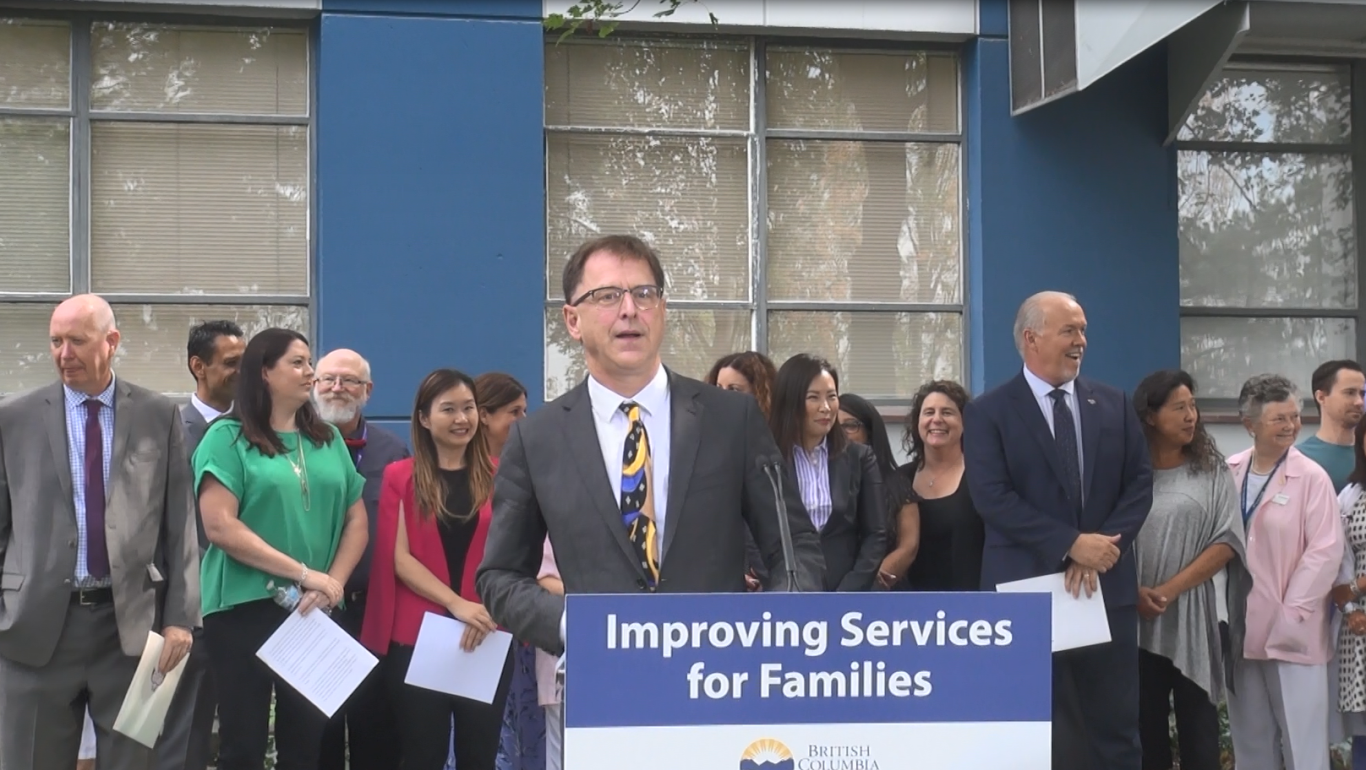 Adrian Dix standing at the podium during the Burnaby Hospital announcement