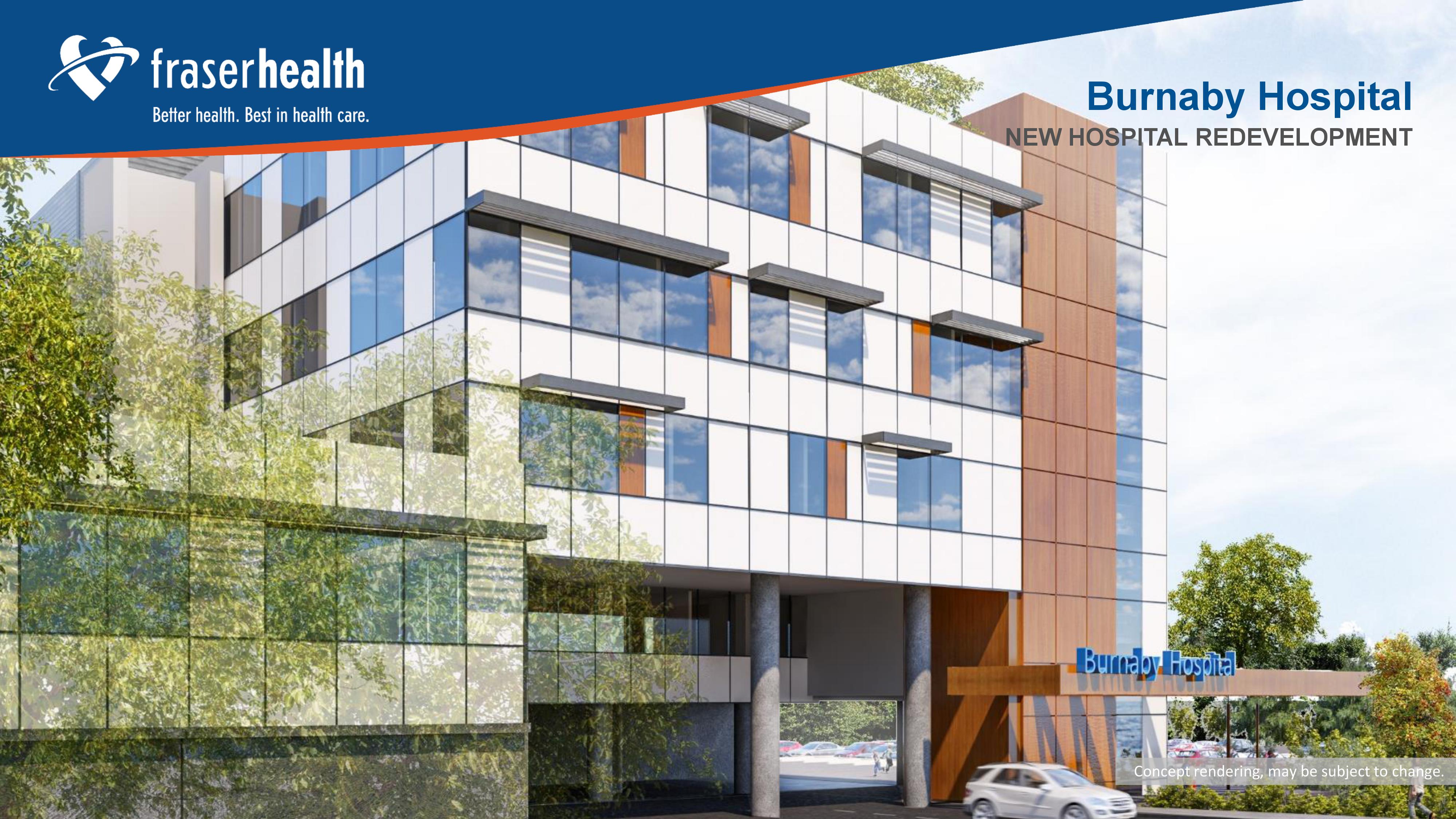Concept rendering of Burnaby Hospital entrance. Designs may be subject to change. 