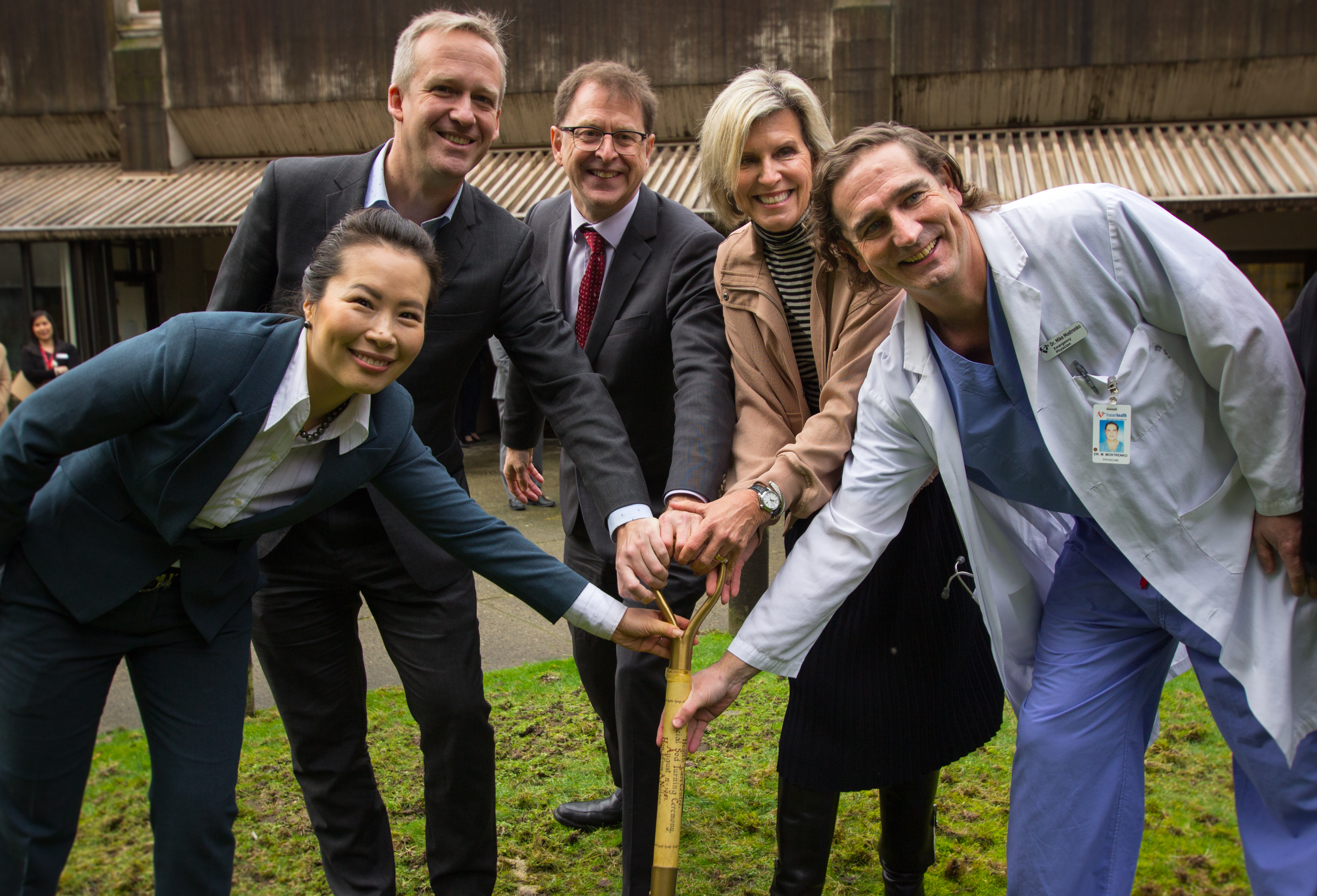 Dr. Victoria Lee, MLA Rick Glumac, Health Minister Adrian Dix, board chair of the Eagle Ridge Hospital Foundation Alison Johansen, and Dr. Michael Mostrenko at ground breaking. 