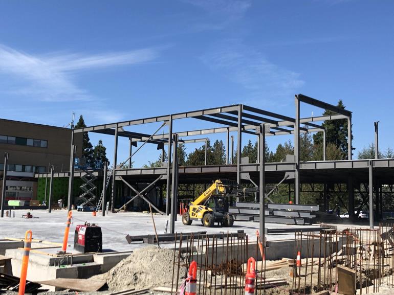 Crews work on the frame of the new emergency department, September 4, 2019.