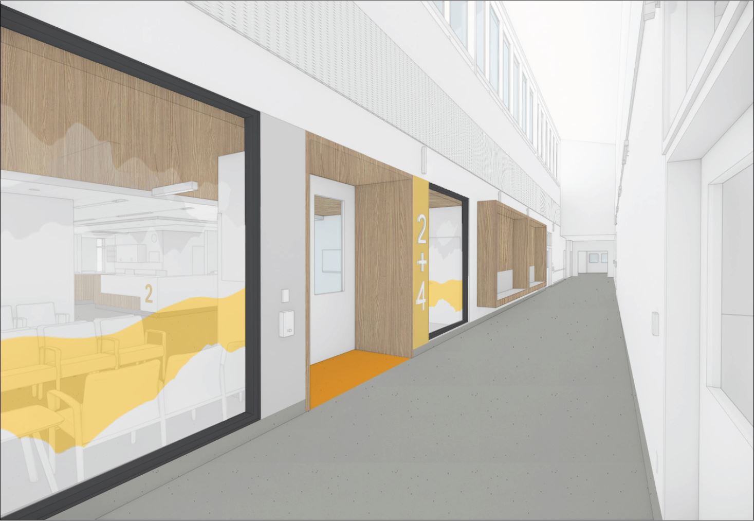 Concept rendering of the entrance to Zones Two and Four in the new emergency department. Designs may be subject to change.
