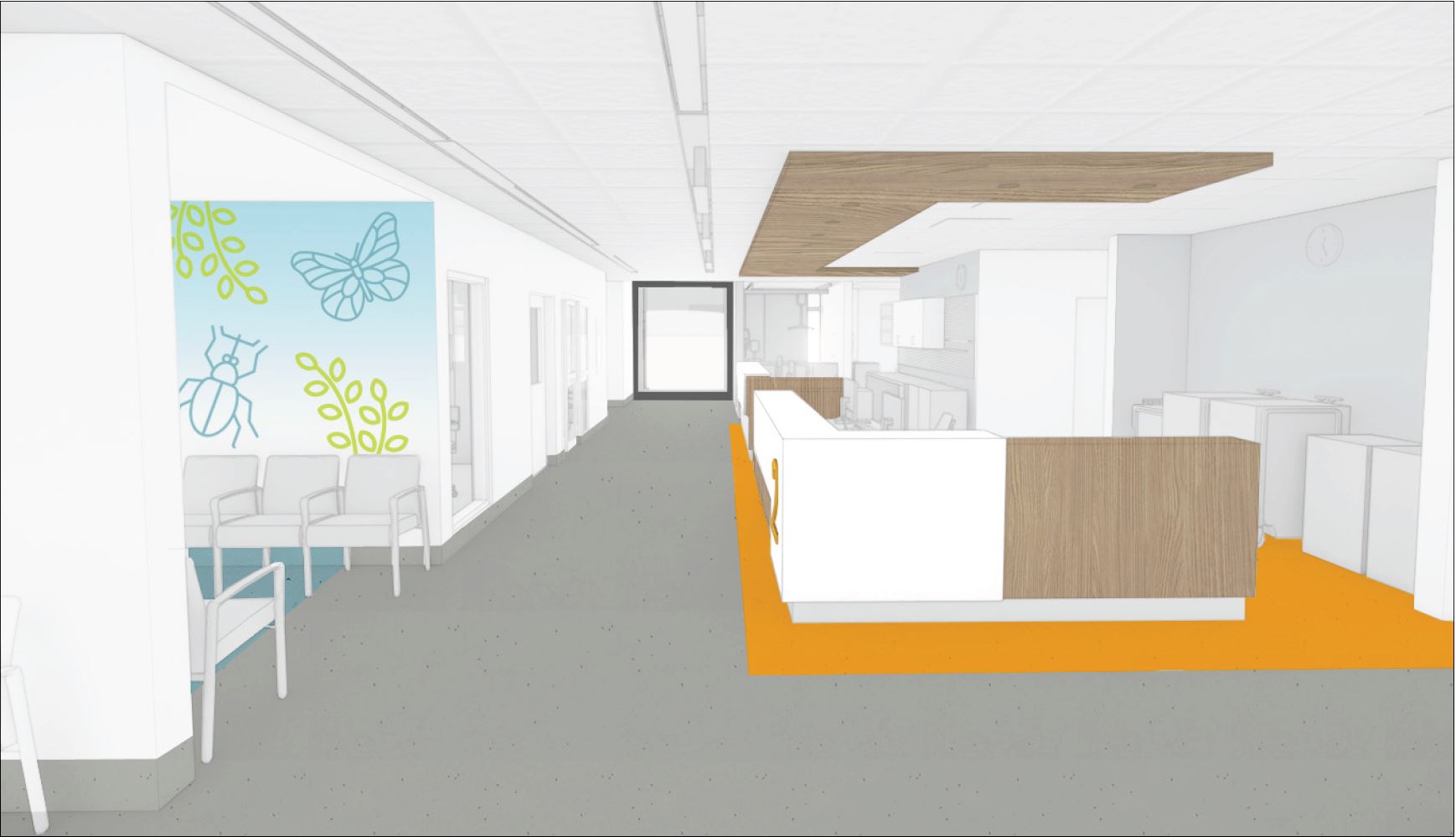 Concept rendering of the dedicated waiting area for children and families in the new emergency department. Designs may be subject to change.