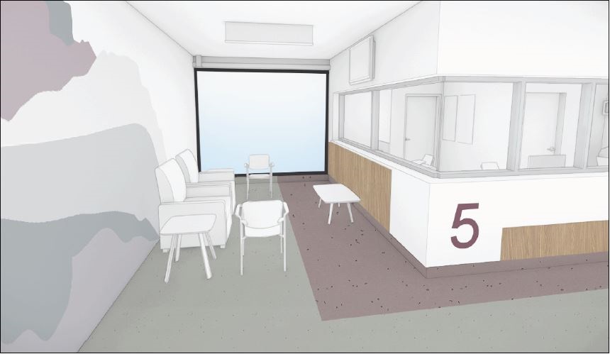 Concept rendering of Zone Five, the mental health and substance use zone, in the new emergency department. Designs may be subject to change.