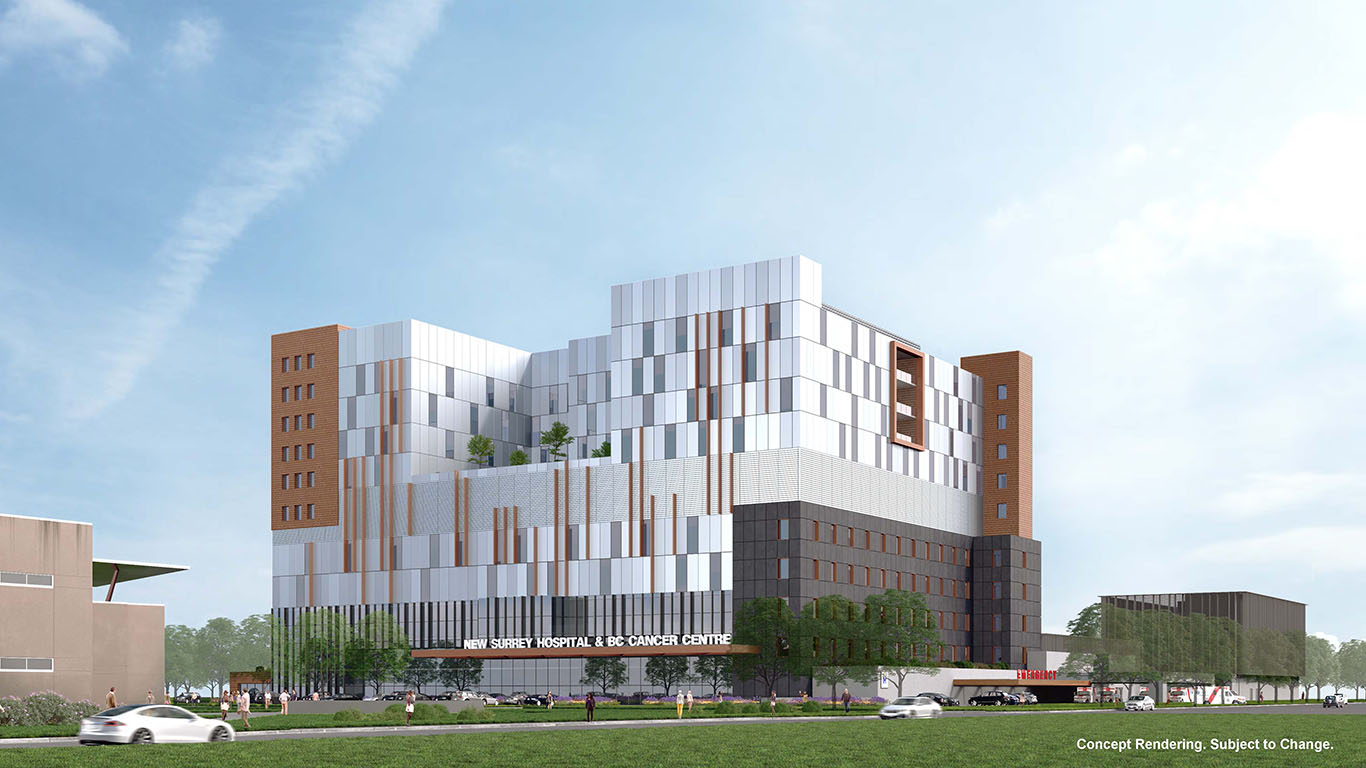 Exterior rendering of New Surrey Hospital and BC Cancer Centre