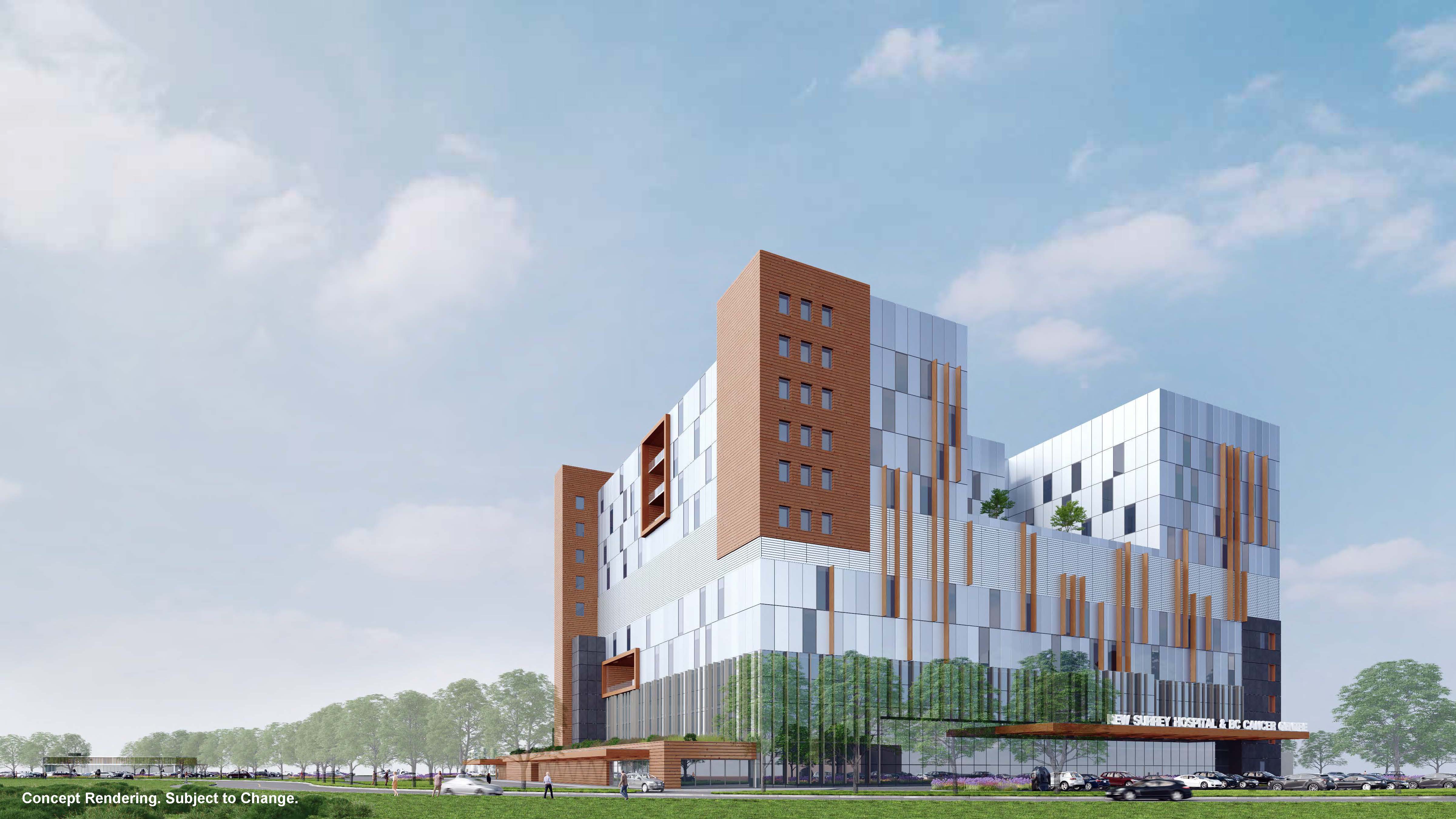 Exterior rendering of New Surrey Hospital and BC Cancer Centre