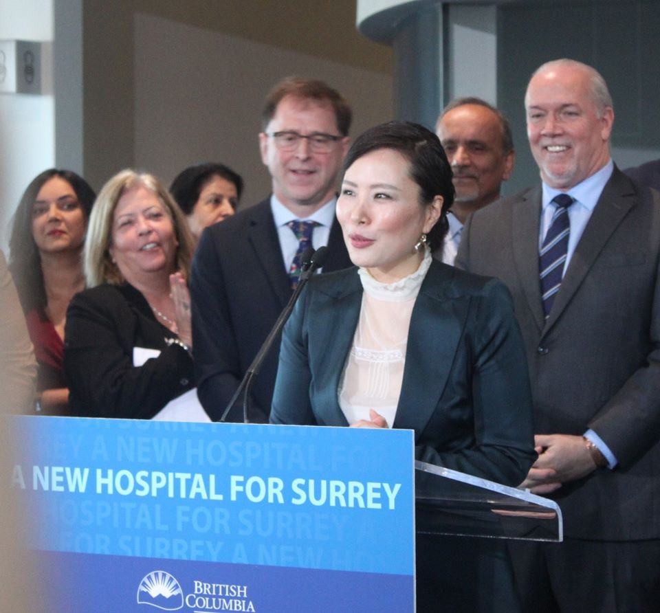 Dr. Victoria Lee, CEO of Fraser Health, speaking at the announcement of the new Surrey hospital. 