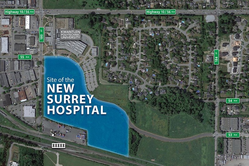 An aerial map showing the location of the new Surrey hospital.