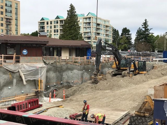 Construction crews at Peace Arch Hospital work in a deep excavation zone - September 2019.
